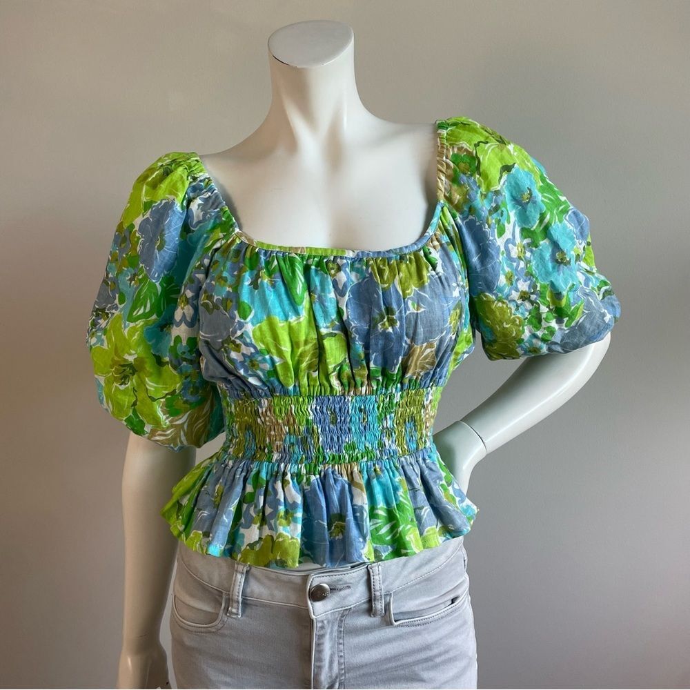 FAITHFULL THE BRAND Kinsley Linen Top Blue Green Floral Smocked Top - Picture 2 of 9